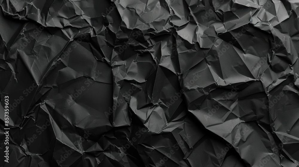 Poster close-up image of a black crumpled paper, showcasing its texture and abstract pattern.