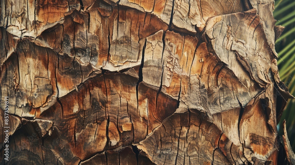 Poster texture and details of brown palm tree trunk in jungle setting for abstract background with copy spa