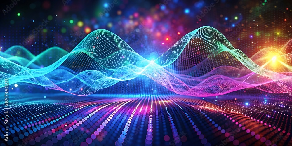 Poster digital technology background ,abstract gradient hologram dynamic wave of particles.ai generated