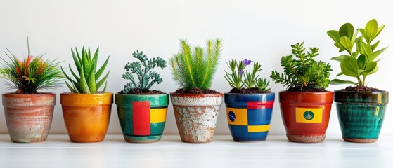 Pots with green plants and flags of various countries, , bright white background, ample room for copy