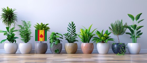 Pots with green plants and flags of various countries, , bright white background, ample room for copy
