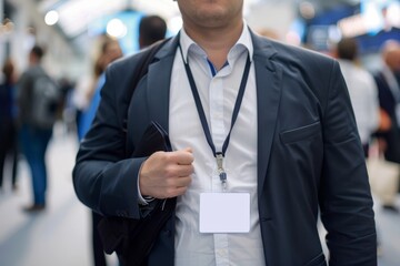 Businessman with blank security ID card on lanyard at event