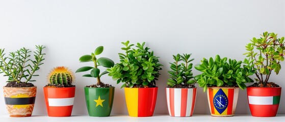 Pots with green plants and flags of various countries, , bright white background, ample room for copy