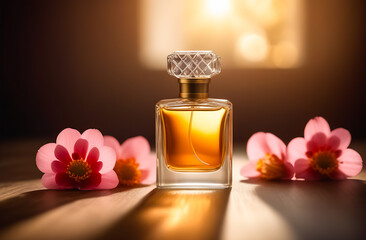 Perfume bottle with flowers and rays