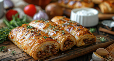 Crisp borek filled with savory minced beef, onions, garlic, and spices. Freshly baked and arranged on a rustic wooden platter. Generative AI.