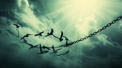 Birds soar with broken chains, symbolizing freedom and liberation.