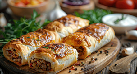 Crisp borek filled with savory minced beef, onions, garlic, and spices. Freshly baked and arranged on a rustic wooden platter. Generative AI.