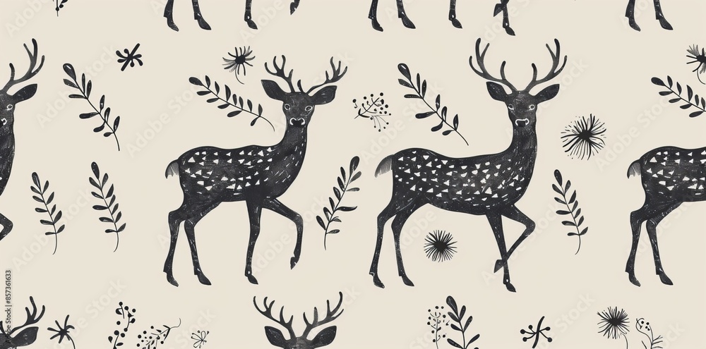 Sticker A seamless pattern with watercolor deer. Magical animals silhouettes with flowerhorns. An ornamental gift wrap idea or wallpaper design.