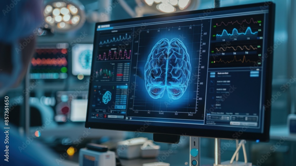 Poster a computer monitor displays a 3d model of the human brain in a high-tech operating room, surrounded 