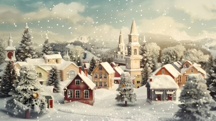 A picturesque winter village scene, featuring quaint houses covered in snow and a prominent church tower. The setting is bathed in a soft, warm light with gentle snowfall.
