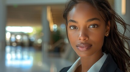 Naklejka premium an African American woman with long hair and light brown skin tone in an office building looking at the camera. She is wearing a white shirt, black blazer and makeup. Generative AI.