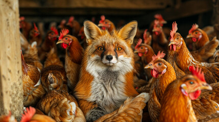 Fototapeta premium A red fox in a chicken coop full of brown hens
