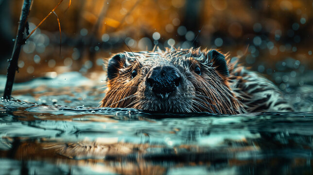 Closeup of a the head of a beaver swimming in the water