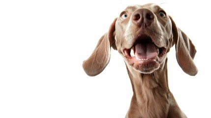 A Weimaraner dog looks up with its mouth open and tongue sticking out, against a white background.