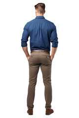Fototapeta premium Man in Blue Shirt and Khaki Pants Standing Backwards isolated on transparent background