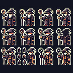 Pixel art sprite sheet featuring a wizard with robe and staff