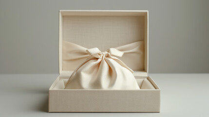 luxury gift box. beige gift box opens and inside there is an ivory silk bag with a ribbon, Gifts for the wedding
