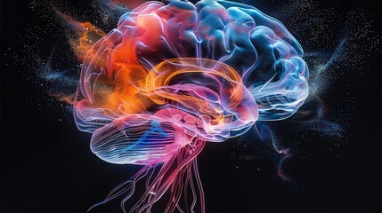 Brain blast, colorful x-ray the anatomy of a brain, brain sensor made of gel, black background. Generative AI.