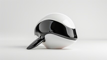 Detailed illustration of a futuristic Orca whale-inspired helmet, head-on view, model sheet style, smooth curves, high-tech features, black and white theme, white background