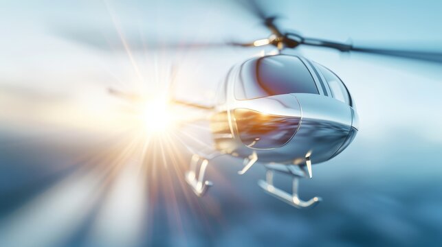 Detailed close-up of a helicopter rotor spinning at high speed, sunlight reflecting off the blades, emphasizing the engineering precision and power