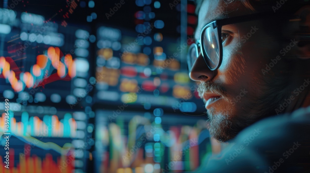 Poster a man with a beard gazes intently at a computer screen filled with stock market graphs, highlighting