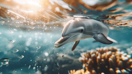 Obraz premium Dolphin swimming gracefully through the vibrant coral reef, sunlight filtering through the water, colorful fish darting around, the serene underwater world in full display