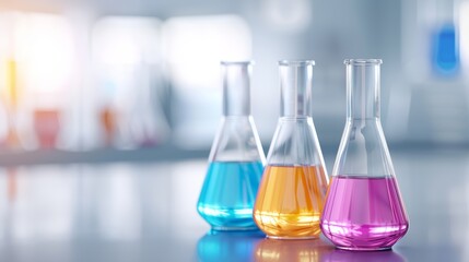 Diverse lab glassware with vibrant chemical solutions on a wooden table, modern lab environment with high-tech equipment and bright lighting