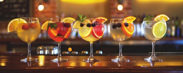 Five gin tonic cocktails with different fruits, wine glasses on a bar, warm ambient lighting, pop...