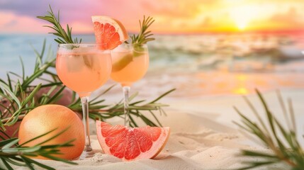 Pink grapefruit and rosemary gin cocktails on a sandy beach, vibrant sunset, tropical plants, vintage postcard style, soft pastel colors