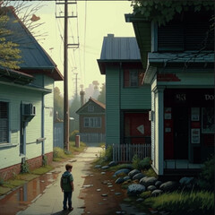 Landscape paintings, advertising element, Poster, rural courtyard, road, illustration of a man on the road walking slowly in silence, book cover, poster, flyer