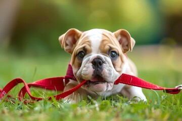 English bulldog puppy red leash chewing 8 weeks old