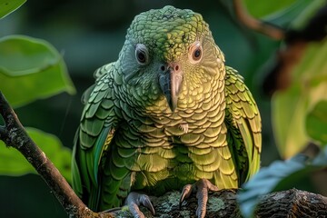 Fototapeta premium A Kakapo parrot climbing a tree branch at night, its vibrant green feathers and owl-like face illuminated by moonlight. 