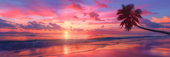 Tranquil Sunset Over Serene Beach With Gentle Waves and Lone Palm Tree Silhouette Creating Idyllic Nature Scene