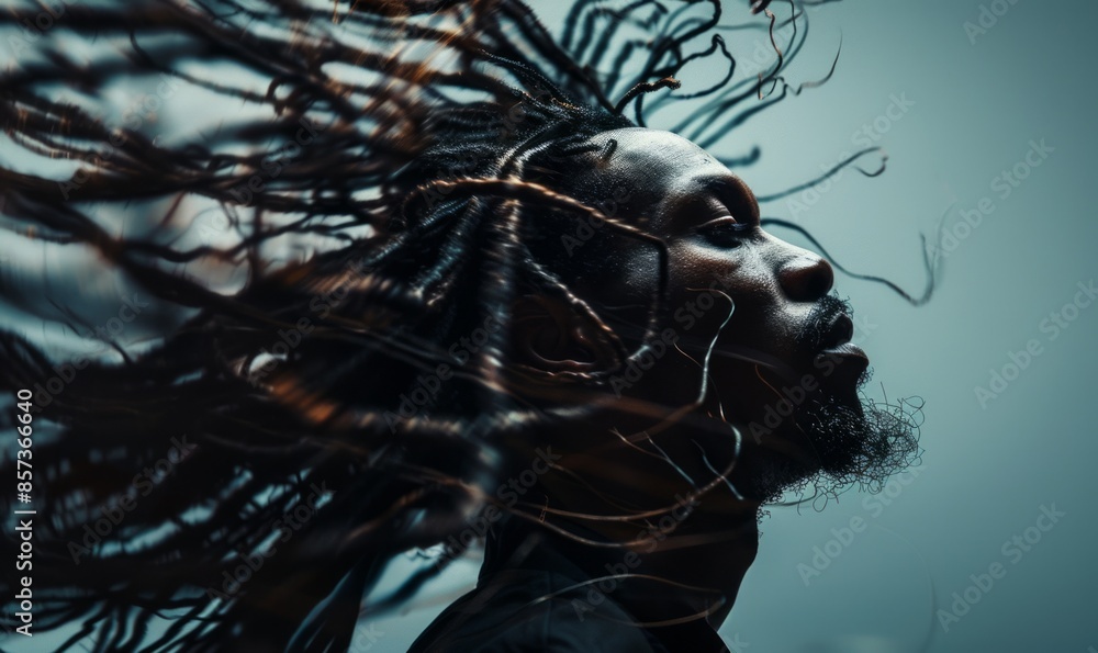 Poster dynamic portrait of man with flowing dreadlocks.
