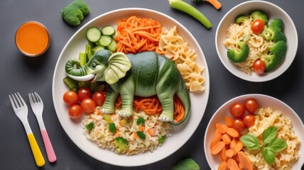 Illustration of packed food for children with cute food containers in animal shapes. 