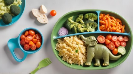 Illustration of packed food for children with cute food containers in animal shapes. 