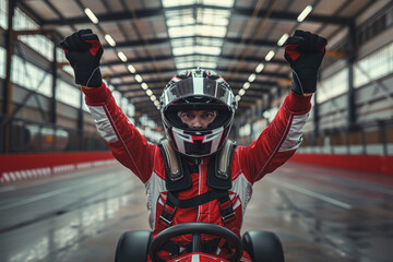 A race car driver in red and white gear raises both arms in triumph in an indoor racing facility. The open space and industrial background emphasize the victory