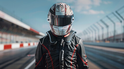 A motorcyclist in full black and red leather racing gear stands on a racetrack. The person is wearing a sleek, reflective helmet. The background shows the race track and a clear blue sky
