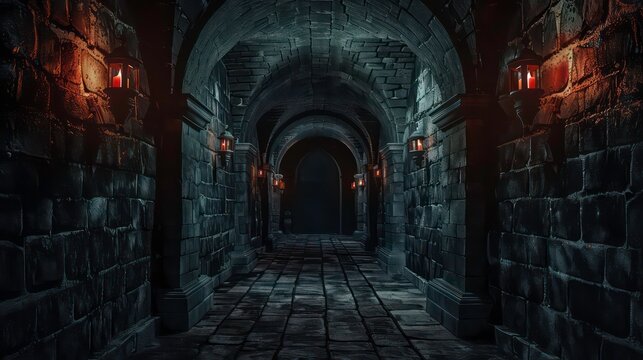 Dark dungeon long medieval castle corridor backgrounds, scary endless medieval catacombs with torches. Mystical nightmare concept. Generative AI