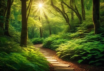Fototapeta premium enchanting forest pathway through lush woods sunlight filtering through leaves, trees, nature, green, foliage, tranquil, serene, peaceful, walkway, natural