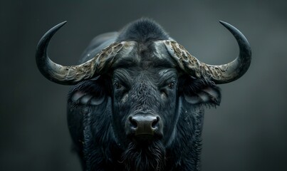 A huge buffalo bull looks straight into the camera against a dark background