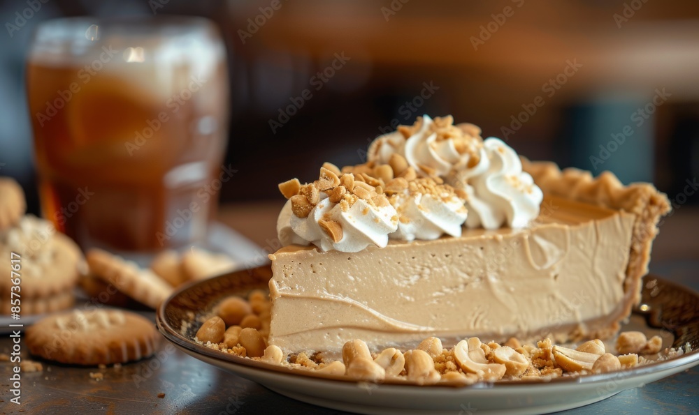 Poster a slice of peanut butter pie with whipped cream topping and crushed peanuts, served on a plate with 