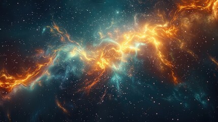 Abstract cosmic background with vibrant blue and orange energy streaks.