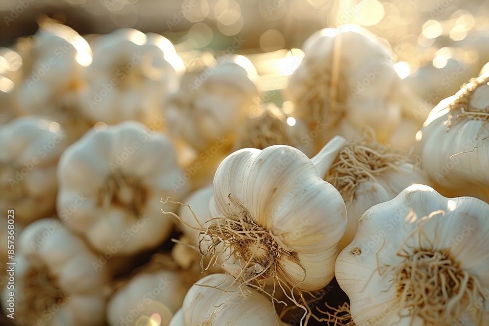 Wall mural Bunch of Fresh Garlic Bulbs with Bokeh