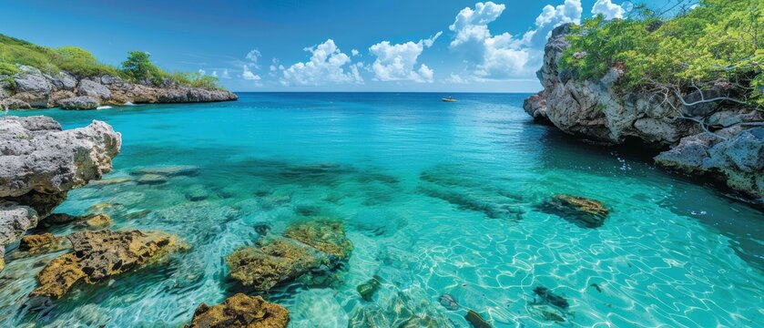 Secluded cove with turquoise water and rocky outcrops