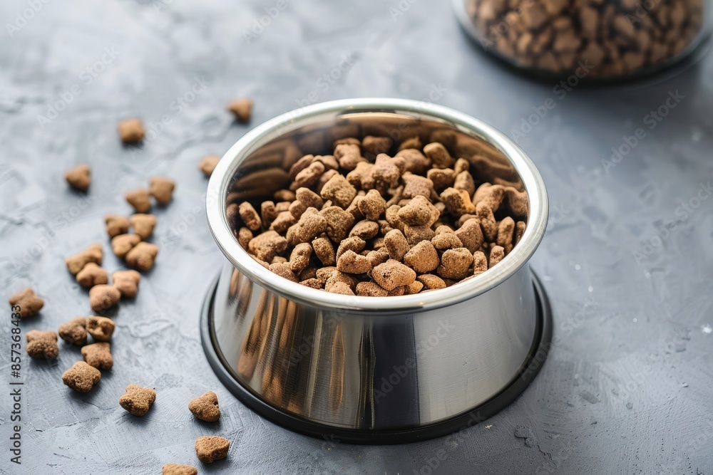 Poster organic cat kibble in bowl with toys and wet food in can on light background