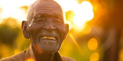 of elderly African man smiling contentedly with sunlight flaring in the background