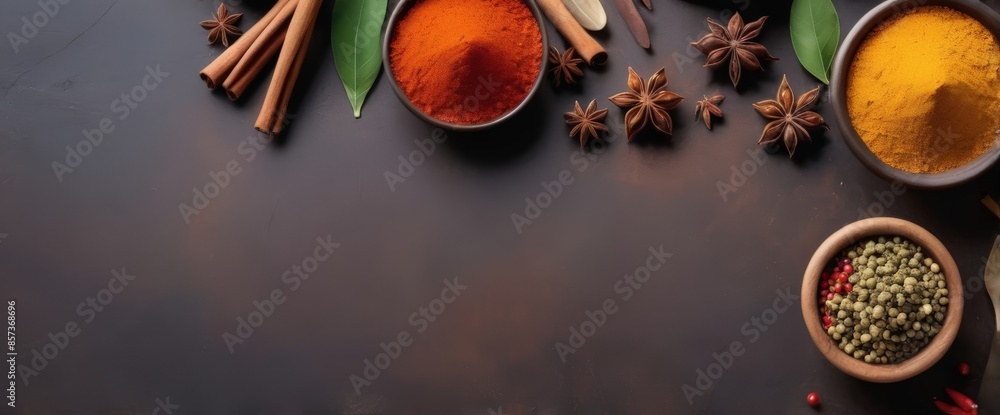 Wall mural spices on a dark table background. illustration of colorful spices with copy space for text. herbs a - Wall murals