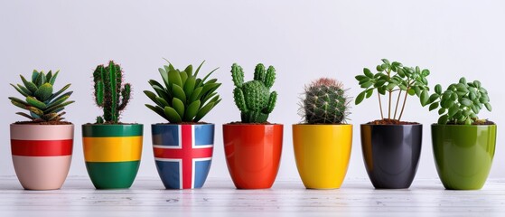 Selection of pots with plants and global flags, , bright white backdrop, space for text