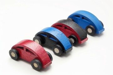 Red blue and black wooden toy cars on white background